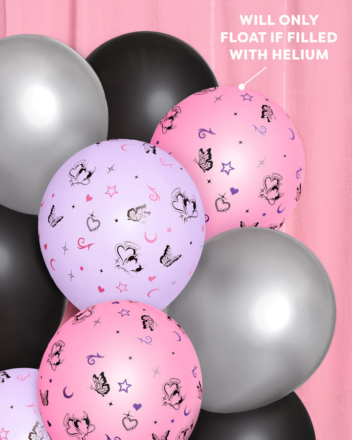 Detail of pink and lavender Y2K latex balloons with butterfly and sparkle prints