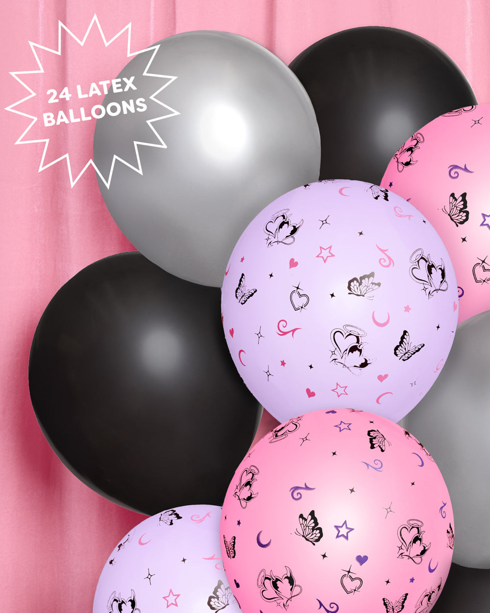 Y2K butterfly latex balloon set in pink, purple, black, and silver with 2000s prints