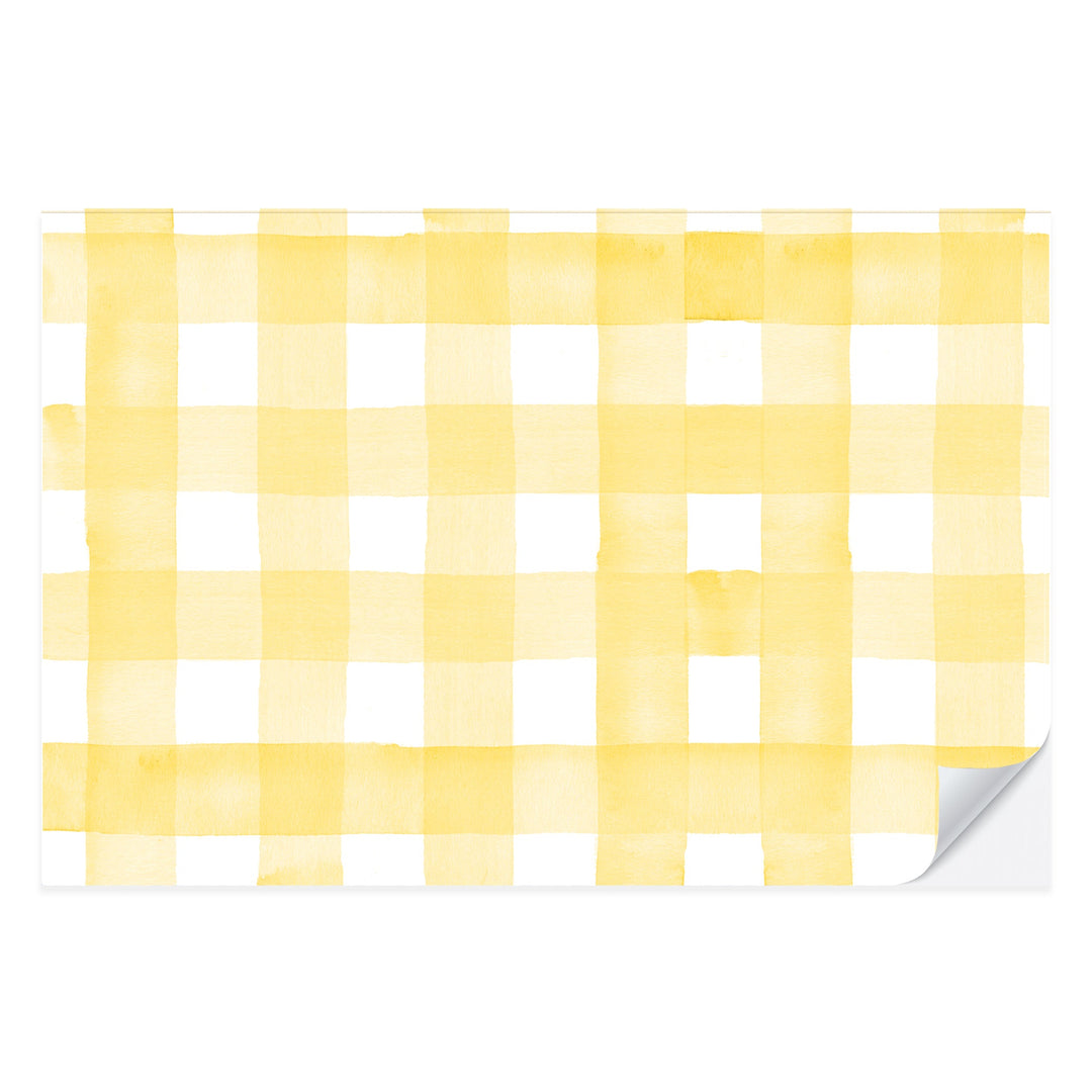 Yellow and white watercolor gingham check paper placemat from a tear-off pad of 25