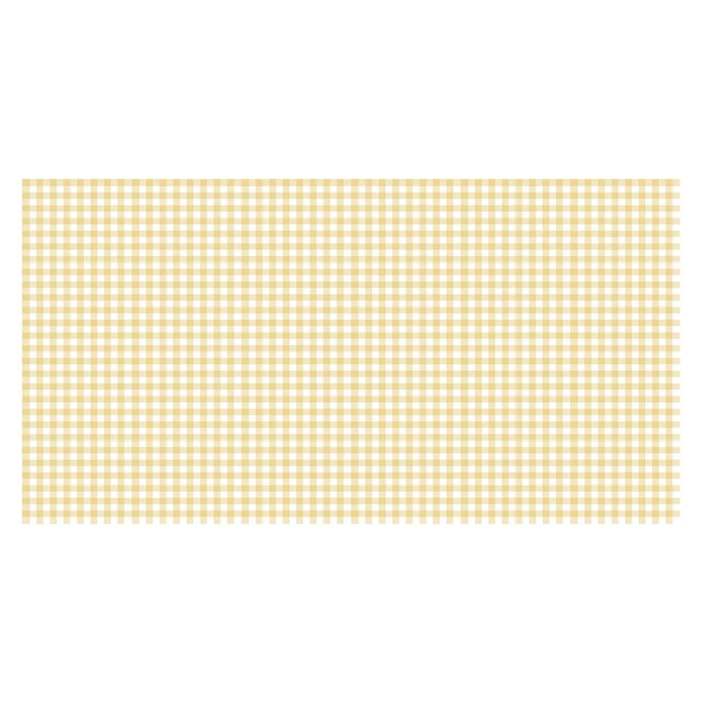 A rectangular table cover
 featuring a classic yellow and white gingham checkered pattern, presented on a solid white background.