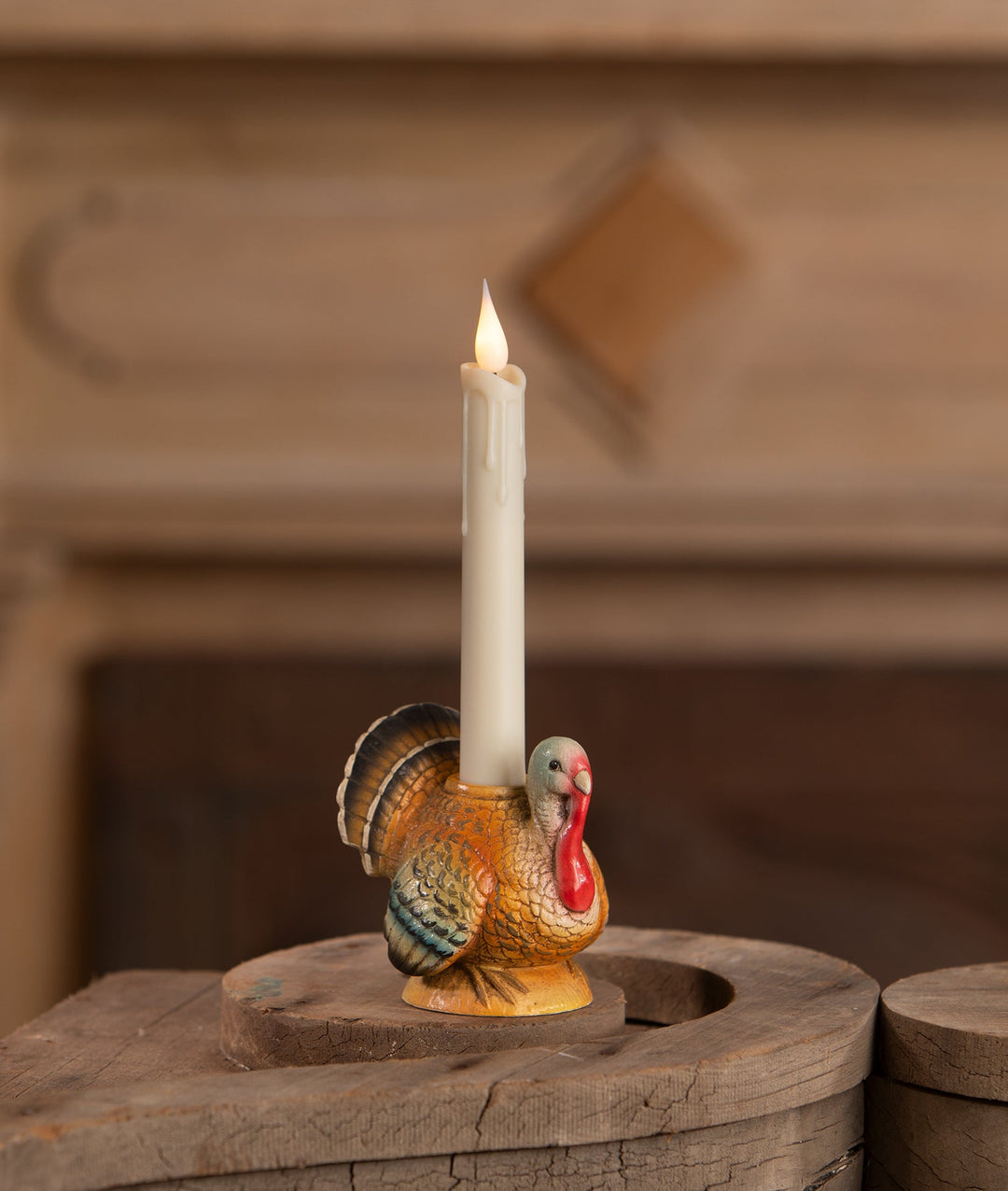 Vintage-style turkey candlestick for Thanksgiving table decor, from Bethany Lowe