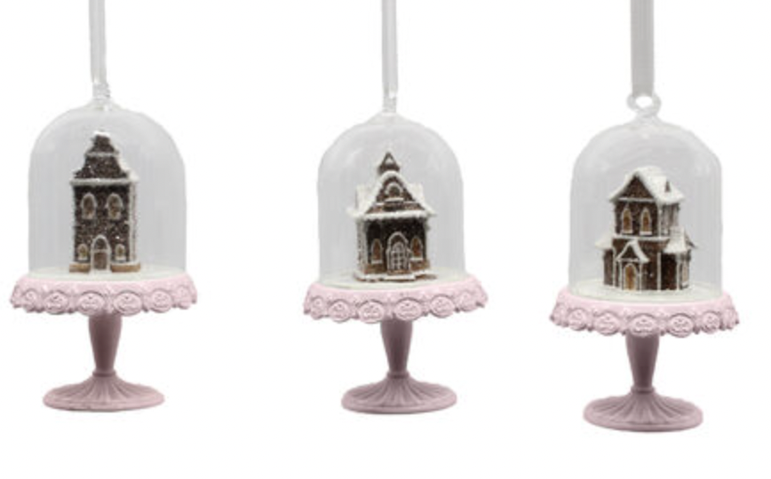 Set of 3 Asst Gingerbread Houses in Cloche Dome Ornaments Dunn Deals Christmas Holiday Party Decorations Bonjour Fete - Party Supplies
