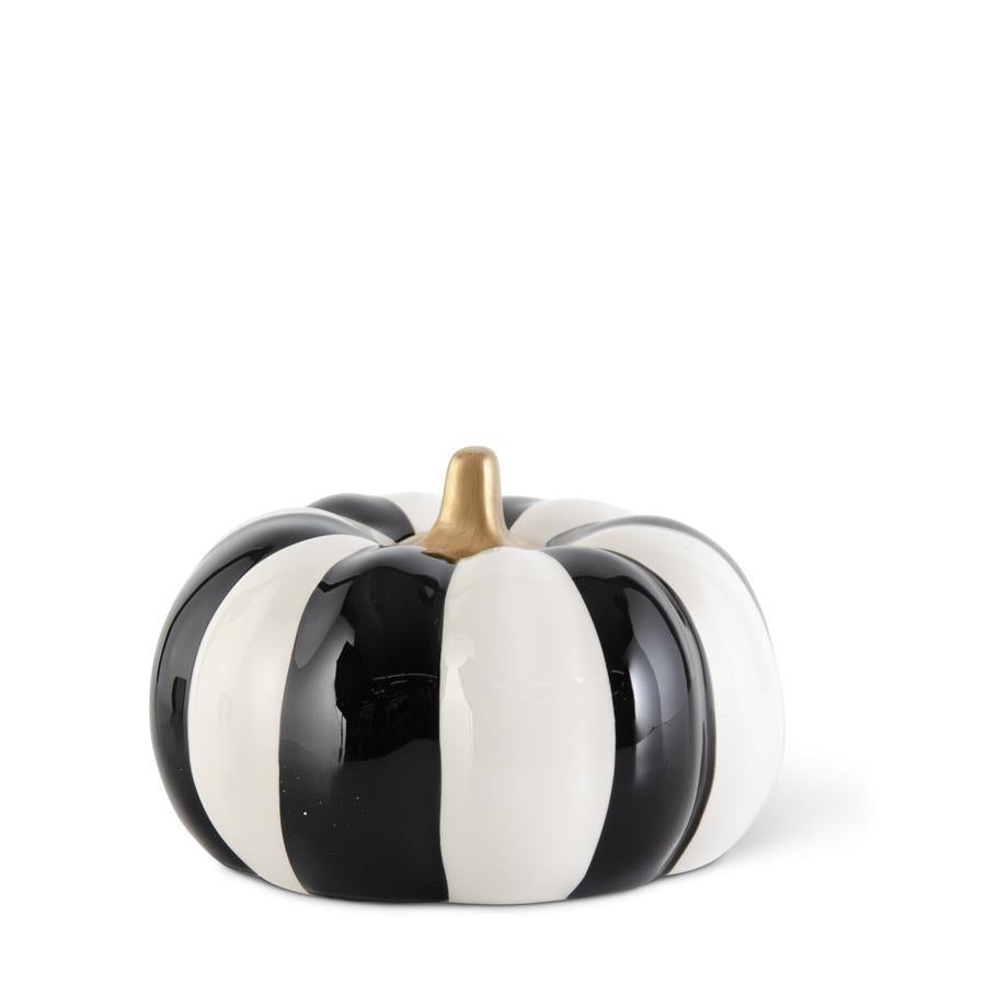 BLACK AND WHITE STRIPE PUMPKINS W/ GOLD STEM K&K Interiors Halloween Home Decor 4.75" Bonjour Fete - Party Supplies