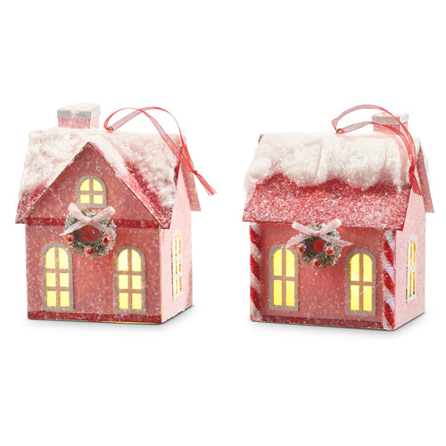 PINK LIGHT UP HOUSE ORNAMENT Raz CHRISTMAS DECOR Bonjour Fete - Party Supplies