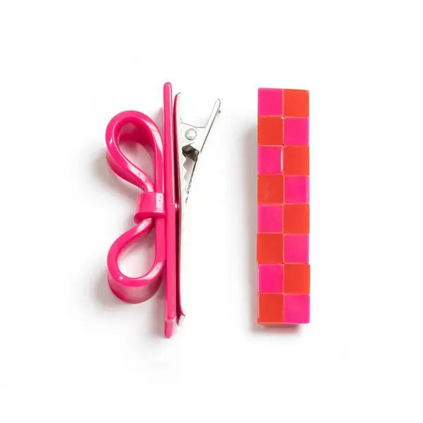 VAL-Bowtie Pink + Love Checkered Alligator Clip (Pair) Lilies & Roses NY 0 Faire Bonjour Fete - Party Supplies