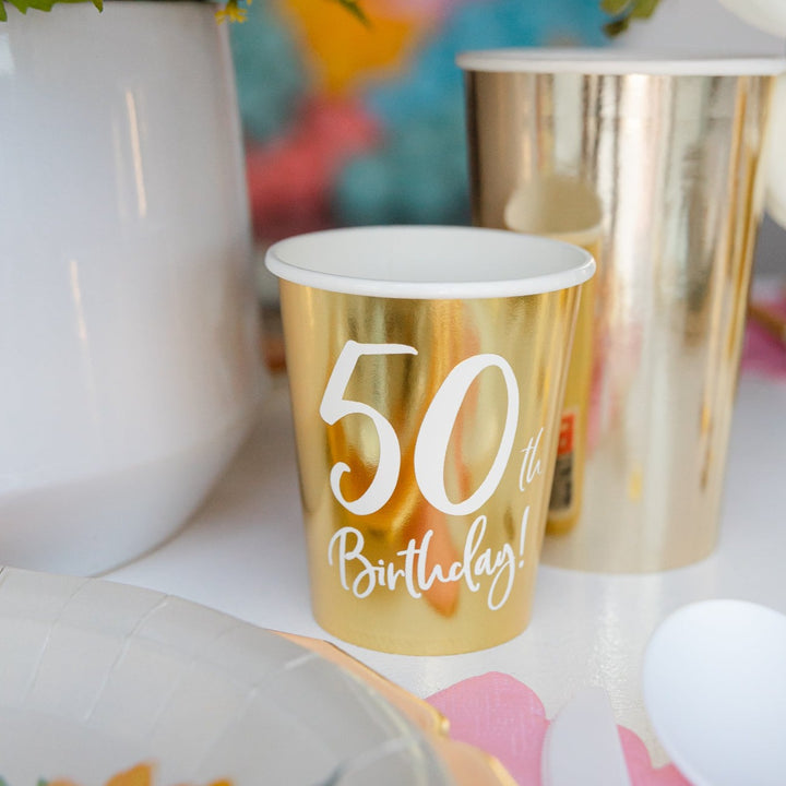 50TH BIRTHDAY GOLD FOIL CUPS Party Deco Balloon Bonjour Fete - Party Supplies