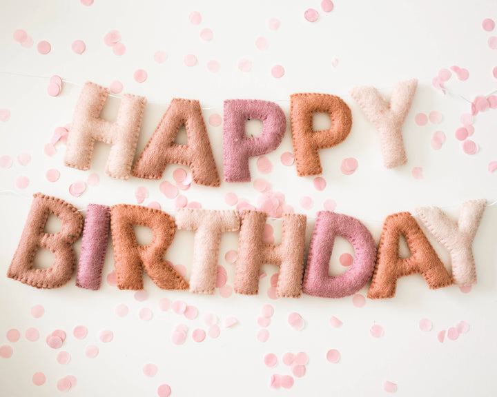 Pink Happy Birthday Felt Letter Garland Joy Felts Bonjour Fete - Party Supplies