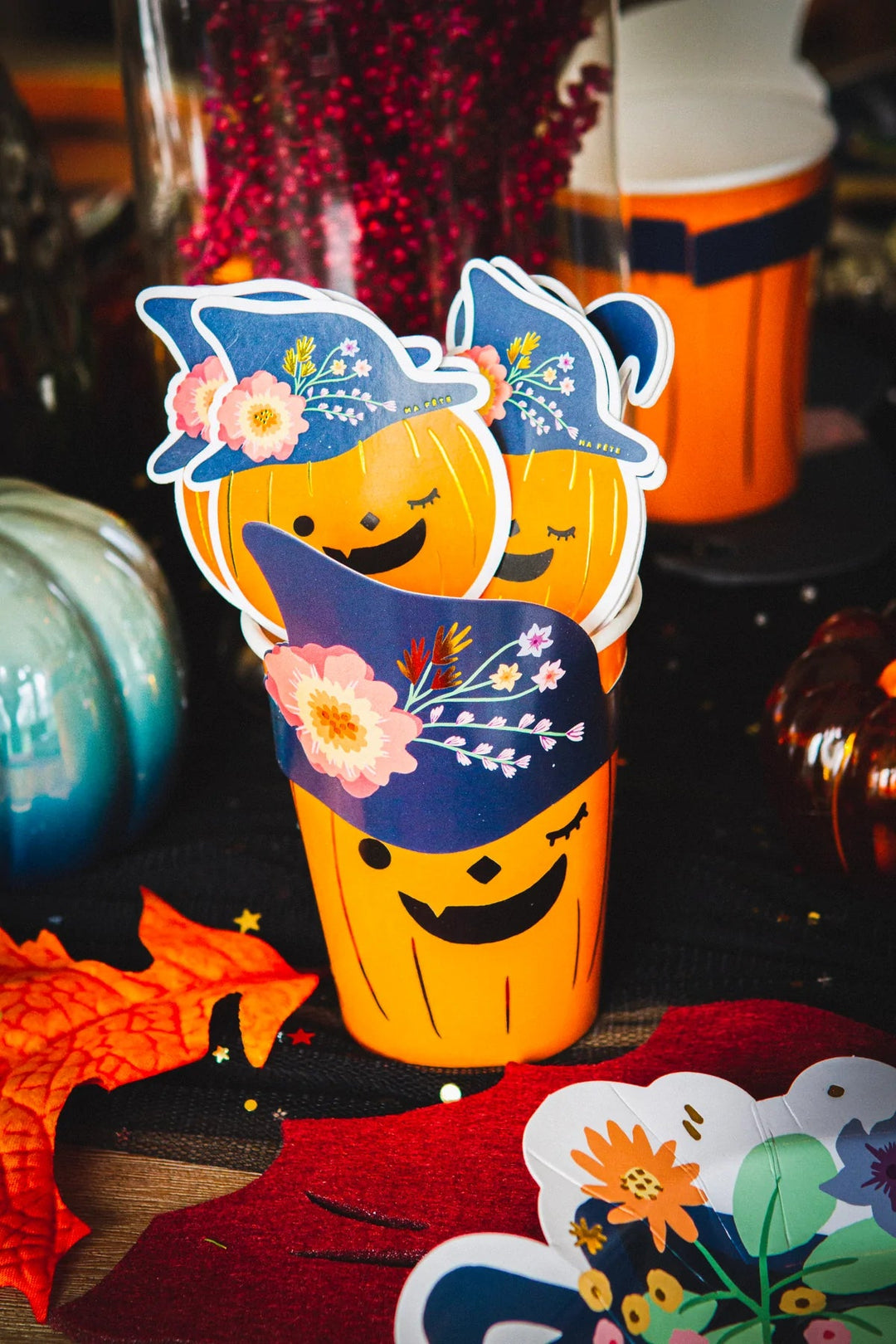 PUMPKIN PAPER CUPS WITH HAT SLEEVE Ma Fete Halloween Party Supplies Bonjour Fete - Party Supplies
