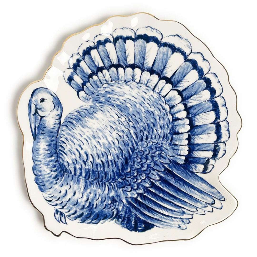 BLUE AND WHITE TURKEY PLATE Two's Company Thanksgiving Home Bonjour Fete - Party Supplies