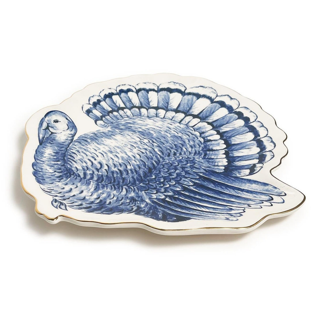BLUE AND WHITE TURKEY PLATE Two's Company Thanksgiving Home Bonjour Fete - Party Supplies