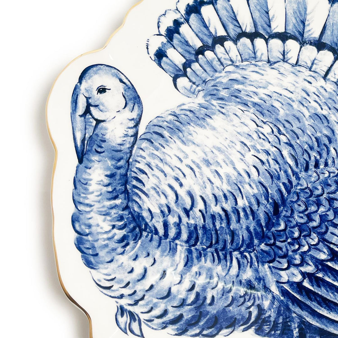 BLUE AND WHITE TURKEY PLATE Two's Company Thanksgiving Home Bonjour Fete - Party Supplies