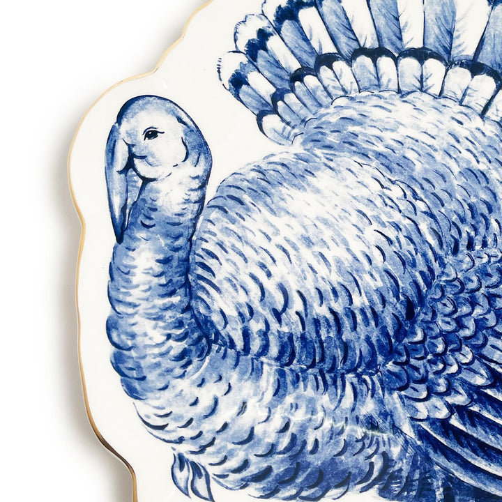 BLUE AND WHITE TURKEY PLATE Two's Company Thanksgiving Home Bonjour Fete - Party Supplies