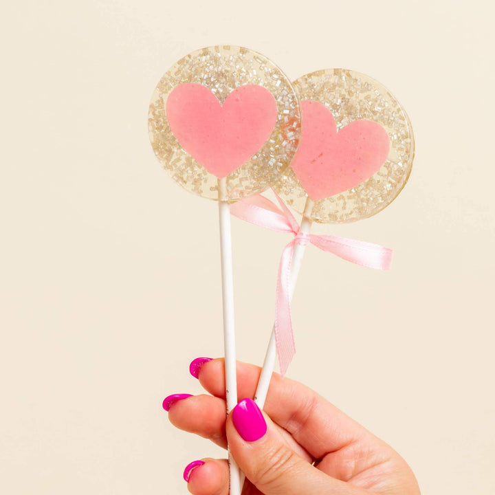 Silver & Pink Heart Lollipops, Champagne Flavor, 10/Case Sweet Caroline Confections Bonjour Fete - Party Supplies