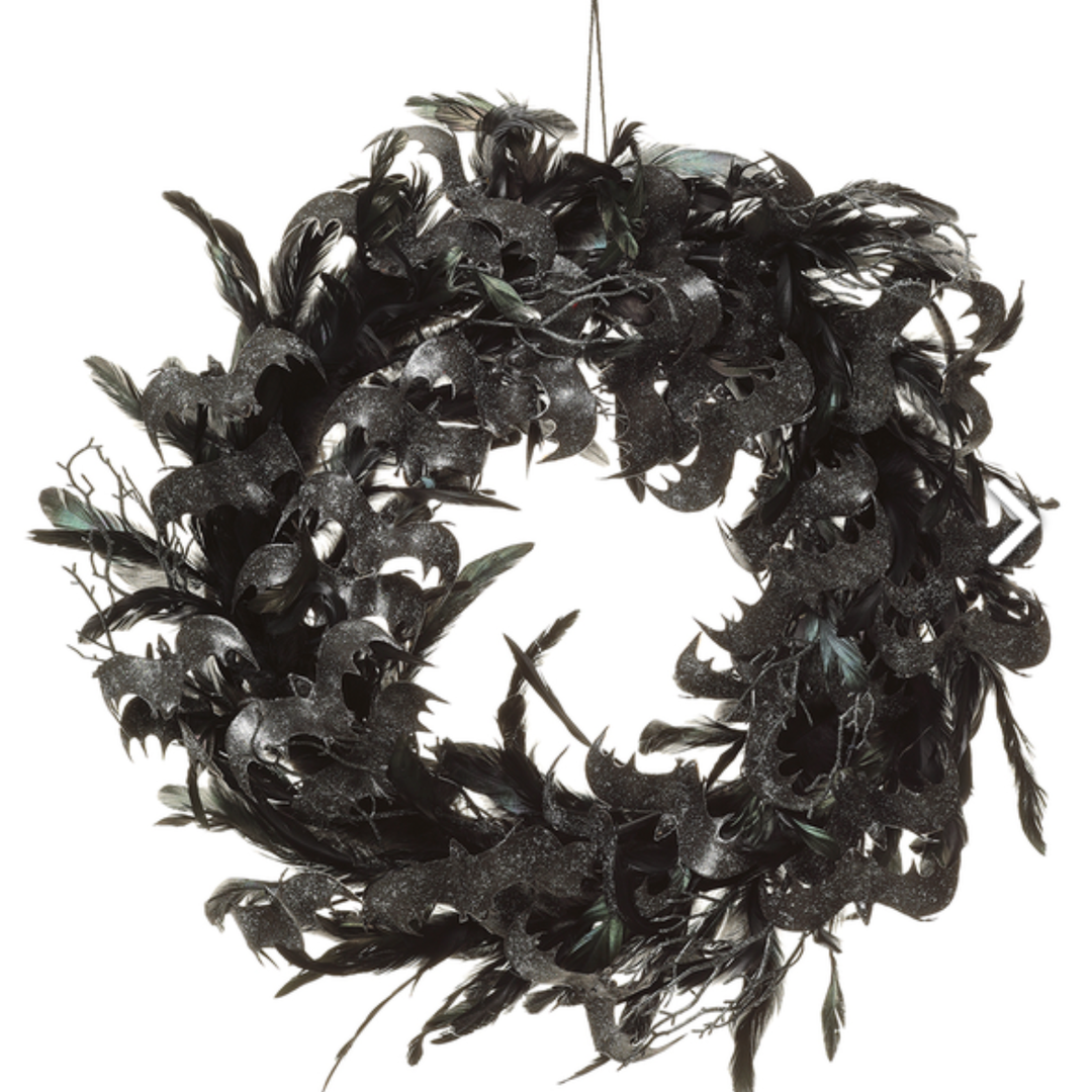 BLACK FEATHER WREATH Allstate Floral Halloween Home Decor Bonjour Fete - Party Supplies