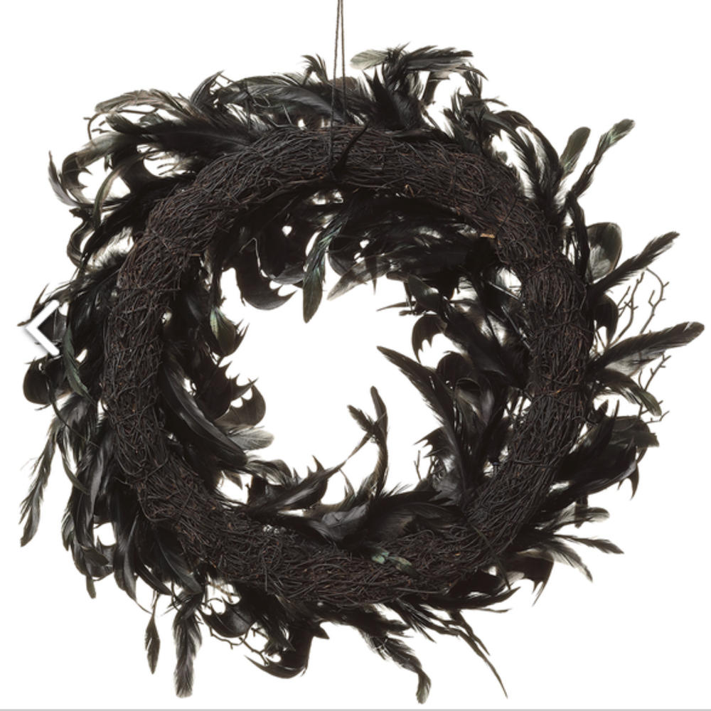 BLACK FEATHER WREATH Allstate Floral Halloween Home Decor Bonjour Fete - Party Supplies