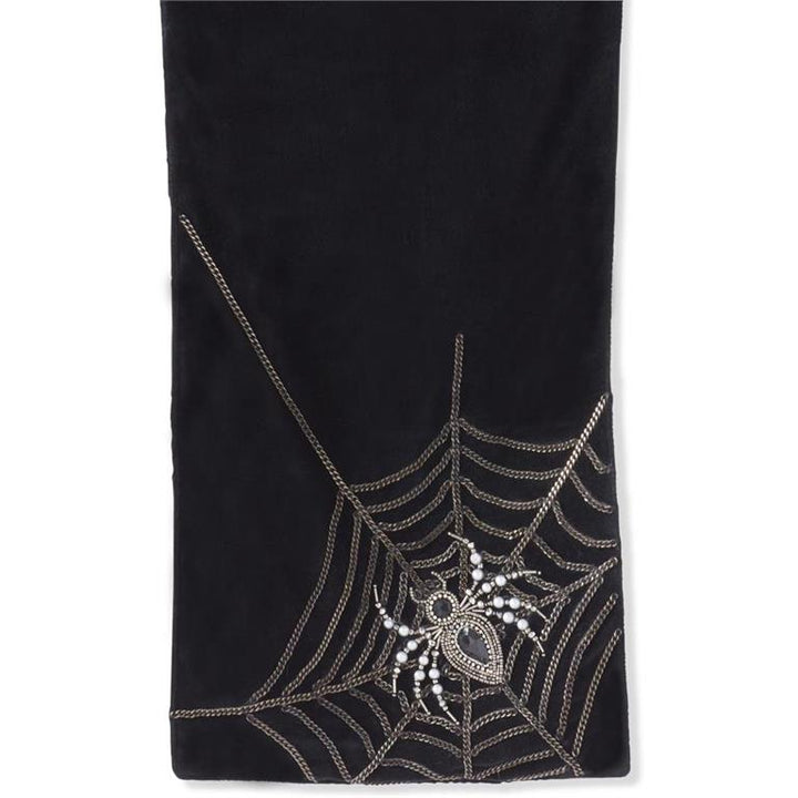 BLACK VELVET TABLE RUNNER WITH CHAIN WEB AND BEADED SPIDER KK Interiors Table Covers & Placemats Bonjour Fete - Party Supplies