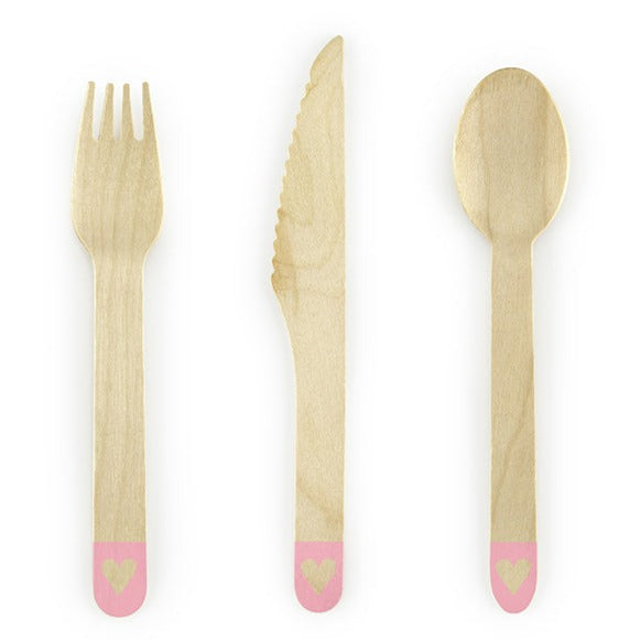 WOODEN CUTLERY WITH BLUSH PINK HEARTS Party Deco Bonjour Fete - Party Supplies