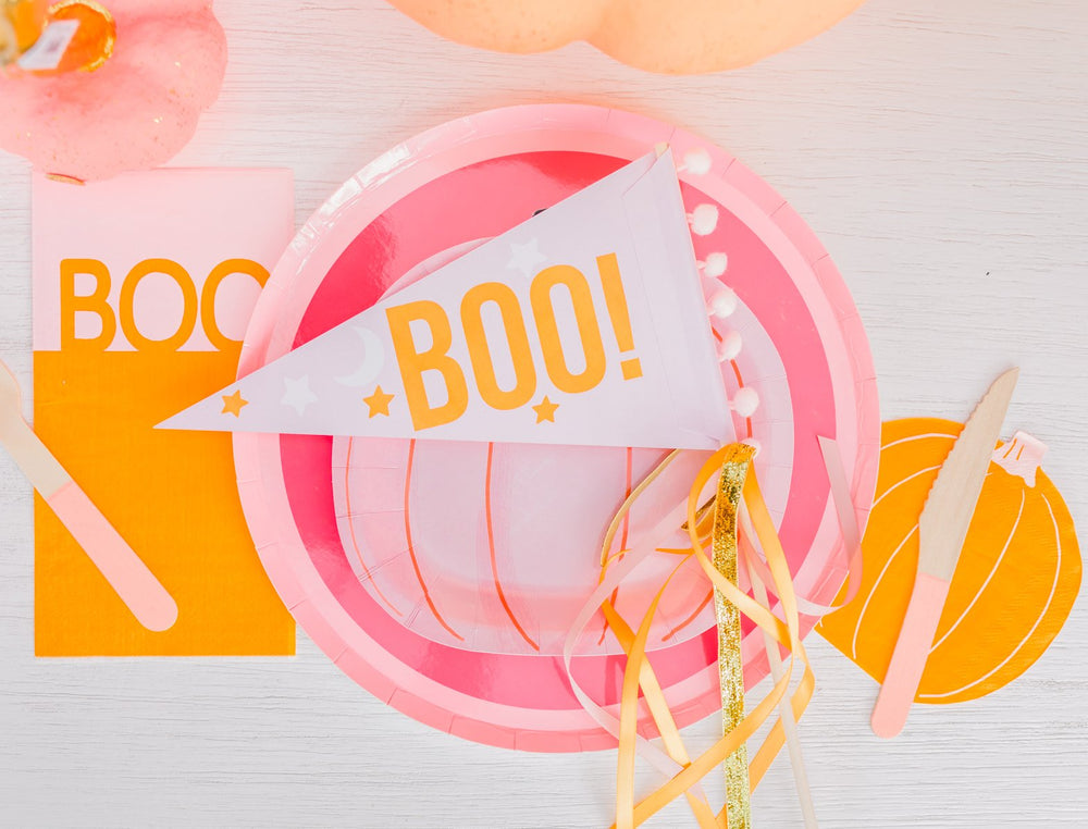 PINK & ORANGE COLORBLOCKED BOO GUEST TOWEL My Mind’s Eye Halloween Tableware Bonjour Fete - Pastel Halloween Party Supplies