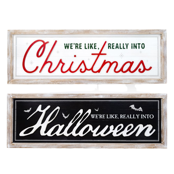 CHRISTMAS AND HALLOWEEN REVERSIBLE WOOD-FRAMED SIGN Adams & Co. Halloween Home Decor Bonjour Fete - Party Supplies