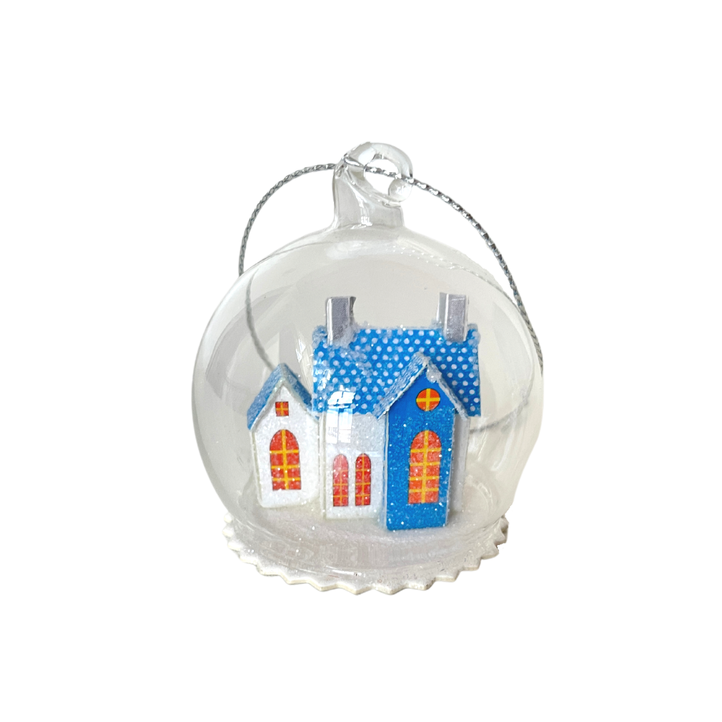 FROSTY ABODE SNOW GLOBE SMALL Cody Foster Co. Christmas Ornament Blue Bonjour Fete - Party Supplies