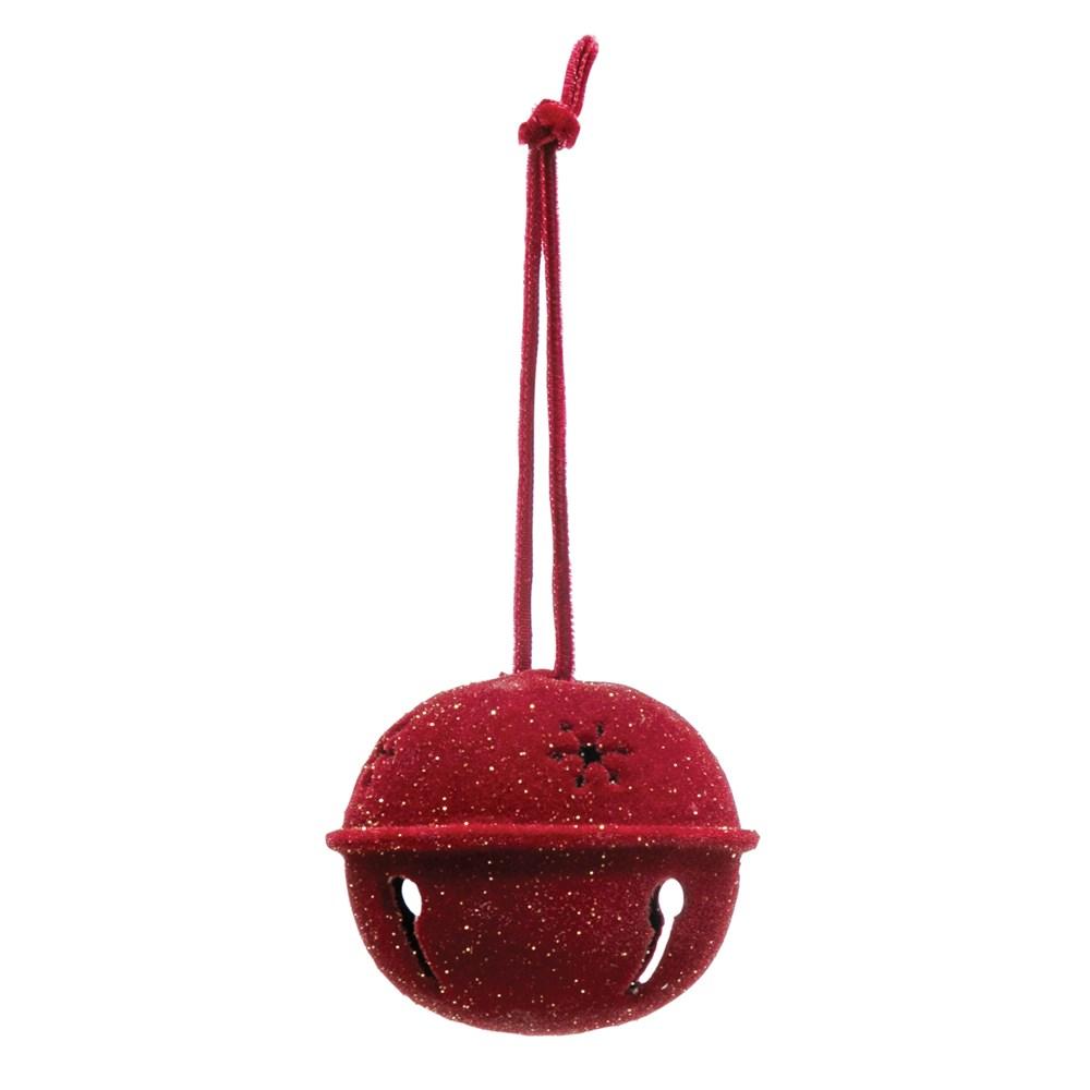 FLOCKED METAL JINGLE BELL ORNAMENT Creative Co-op Christmas Ornament Bonjour Fete - Party Supplies