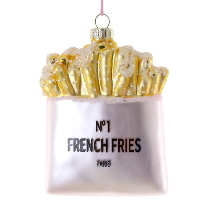 Glass French fries ornament reading No 1 French Fries Paris for a foodie or whimsical Christmas tree