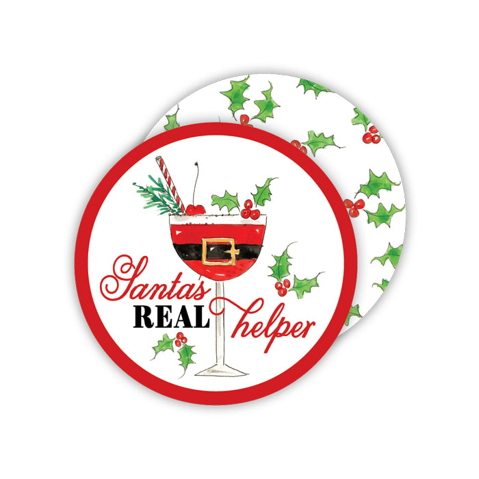 HANDPAINTED SANTA'S REAL HELPER COCKTAIL ROUND COASTER Rosanne Beck Collections Christmas Holiday Party Supplies Bonjour Fete - Party Supplies
