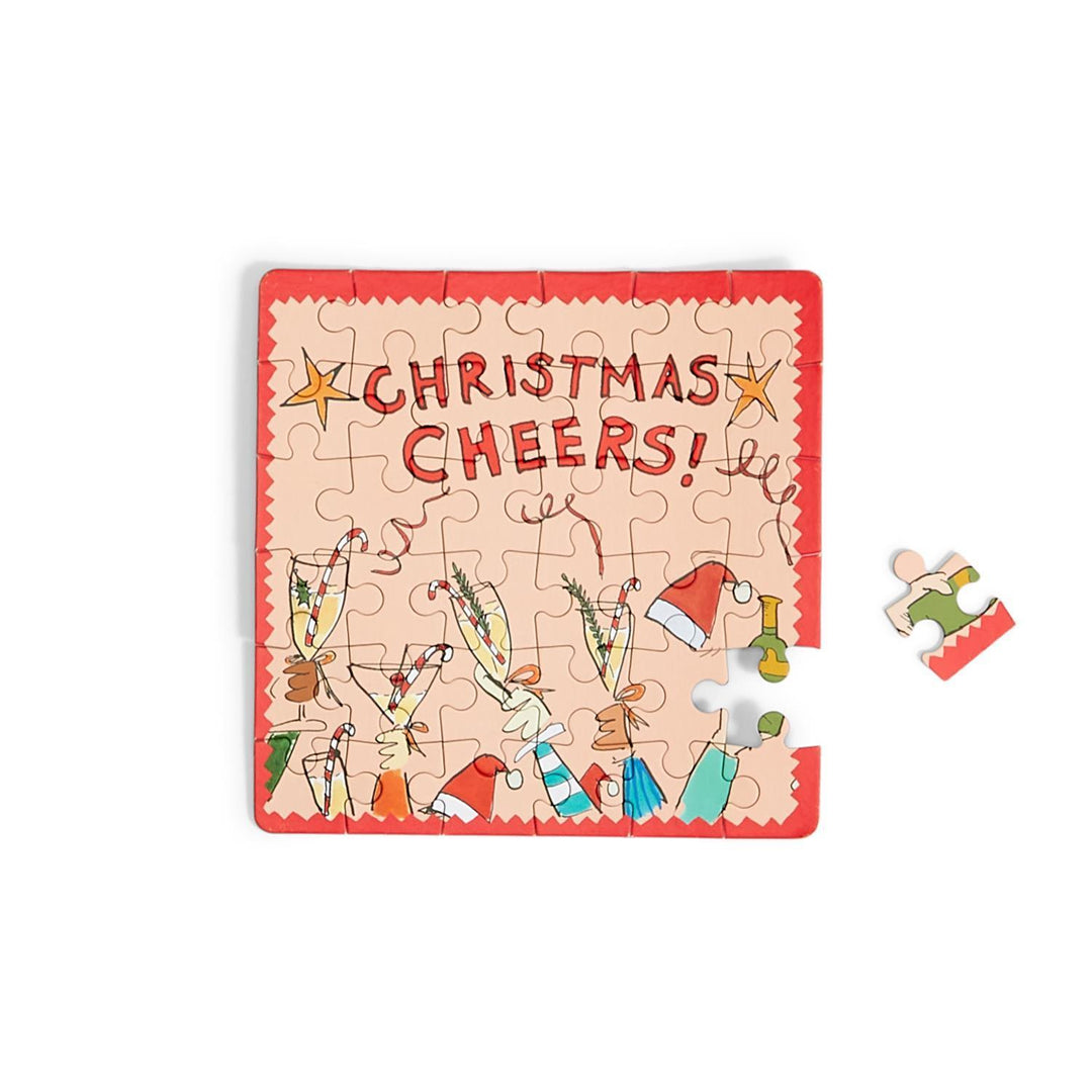 HOLIDAY GREETING PUZZLE IN CAN Two's Company Christmas Favor CHRISTMAS CHEERS! Bonjour Fete - Party Supplies