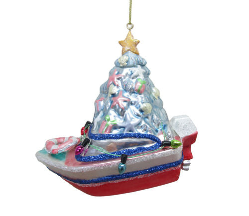 PINK BOAT WITH CHRISTMAS TREE ORNAMENT December Diamonds Christmas Ornament Bonjour Fete - Party Supplies