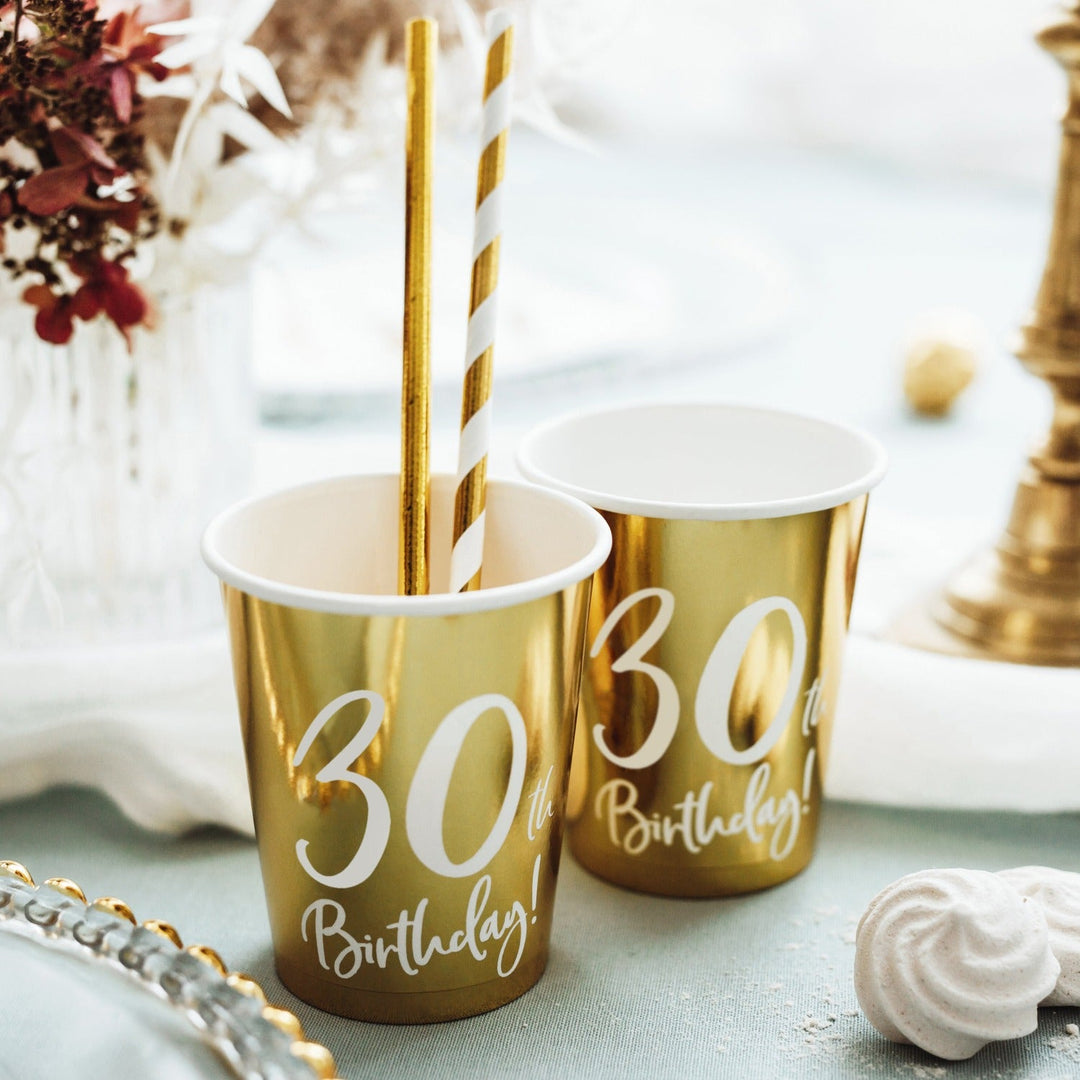 30TH BIRTHDAY GOLD FOIL CUPS Party Deco Balloon Bonjour Fete - Party Supplies