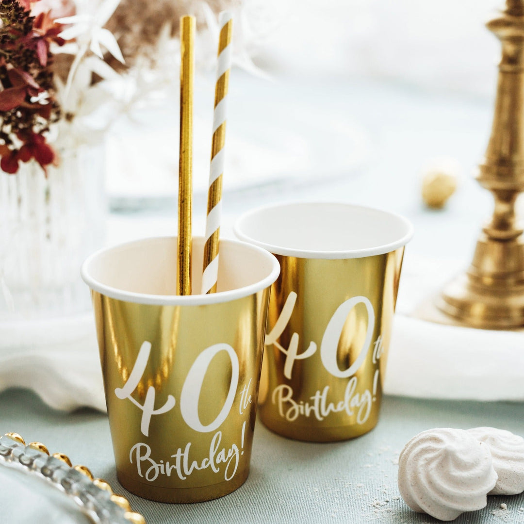 40TH BIRTHDAY GOLD FOIL CUPS Party Deco Balloon Bonjour Fete - Party Supplies
