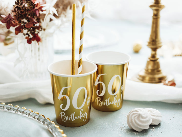 50TH BIRTHDAY GOLD FOIL CUPS Party Deco Balloon Bonjour Fete - Party Supplies