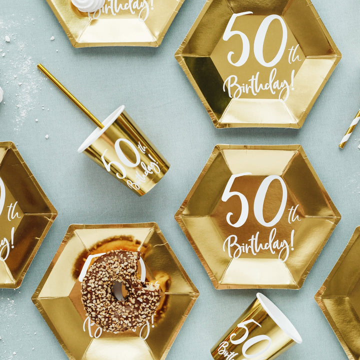 50TH BIRTHDAY GOLD FOIL CUPS Party Deco Balloon Bonjour Fete - Party Supplies