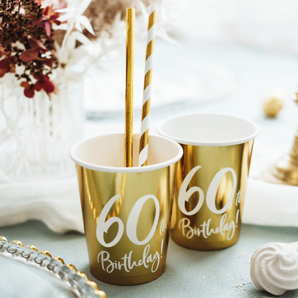 60TH BIRTHDAY GOLD FOIL CUPS Party Deco Balloon Bonjour Fete - Party Supplies