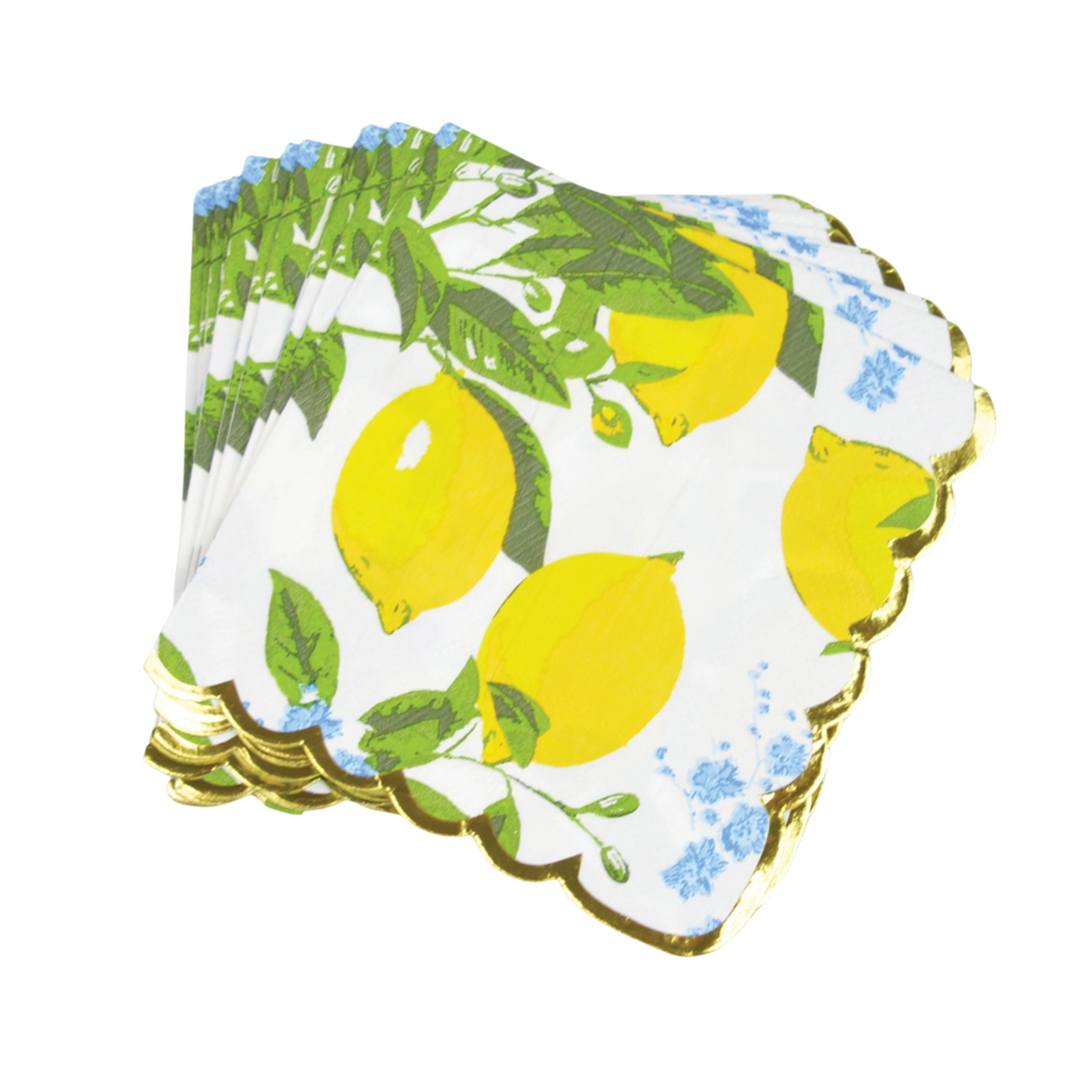 LEMON FLORAL PAPER BEVERAGE NAPKINS 8 Oak Lane Napkins Bonjour Fete - Party Supplies