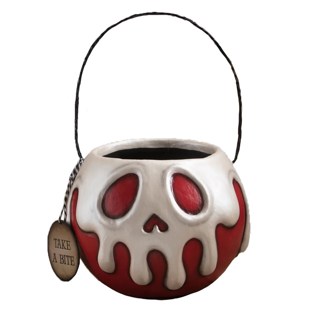 LARGE RED APPLE BUCKET WITH WHITE POISON Bethany Lowe Designs Halloween Home Decor Bonjour Fete - Party Supplies