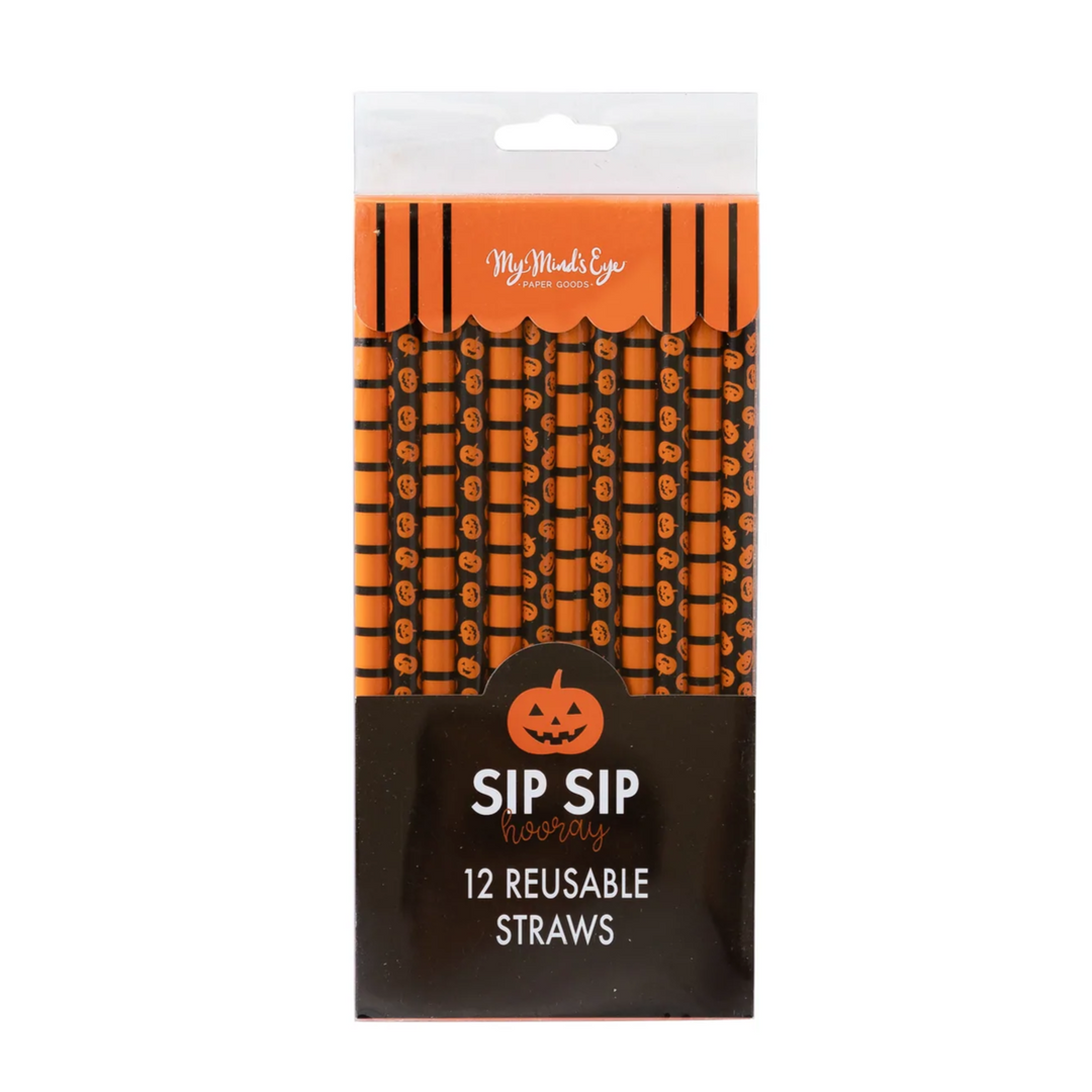 PUMPKIN STRIPES REUSABLE STRAWS My Mind’s Eye Halloween Party Supplies Bonjour Fete - Party Supplies