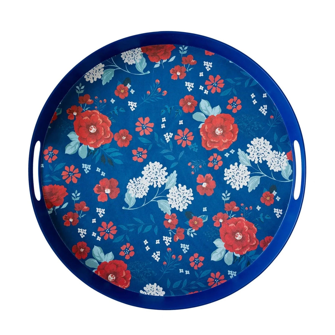 RED, WHITE & BLUE FLORAL REUSABLE BAMBOO ROUND TRAY My Mind’s Eye 0 Faire Bonjour Fete - Party Supplies