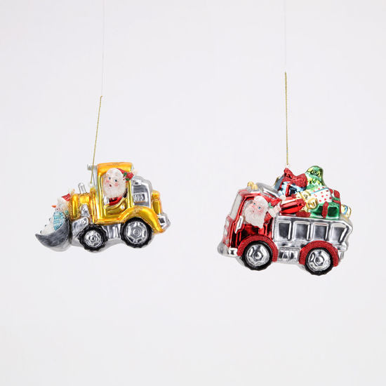 SANTA BULLDOZER & DUMP TRUCK ORNAMENTS One Hundred 80 Degrees Christmas Ornament Bonjour Fete - Party Supplies