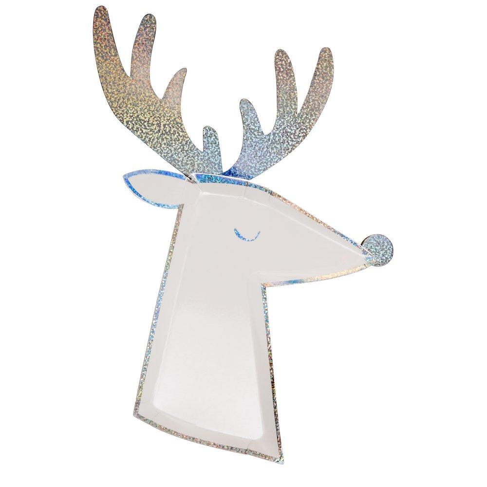 SILVER SPARKLE DIE-CUT REINDEER SHAPED PLATES Meri Meri Christmas Tableware Bonjour Fete - Party Supplies