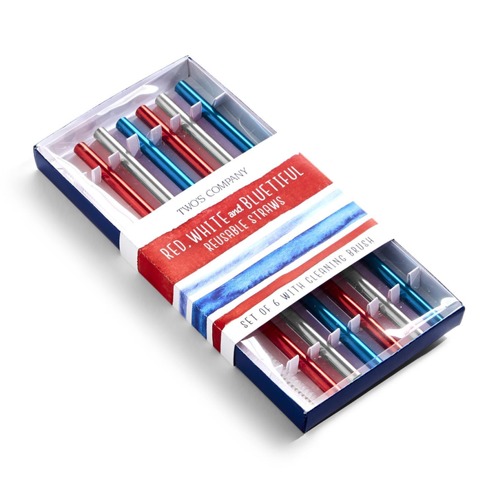 RED, WHITE & BLUE REUSABLE STRAWS Two's Company Bonjour Fete - Party Supplies