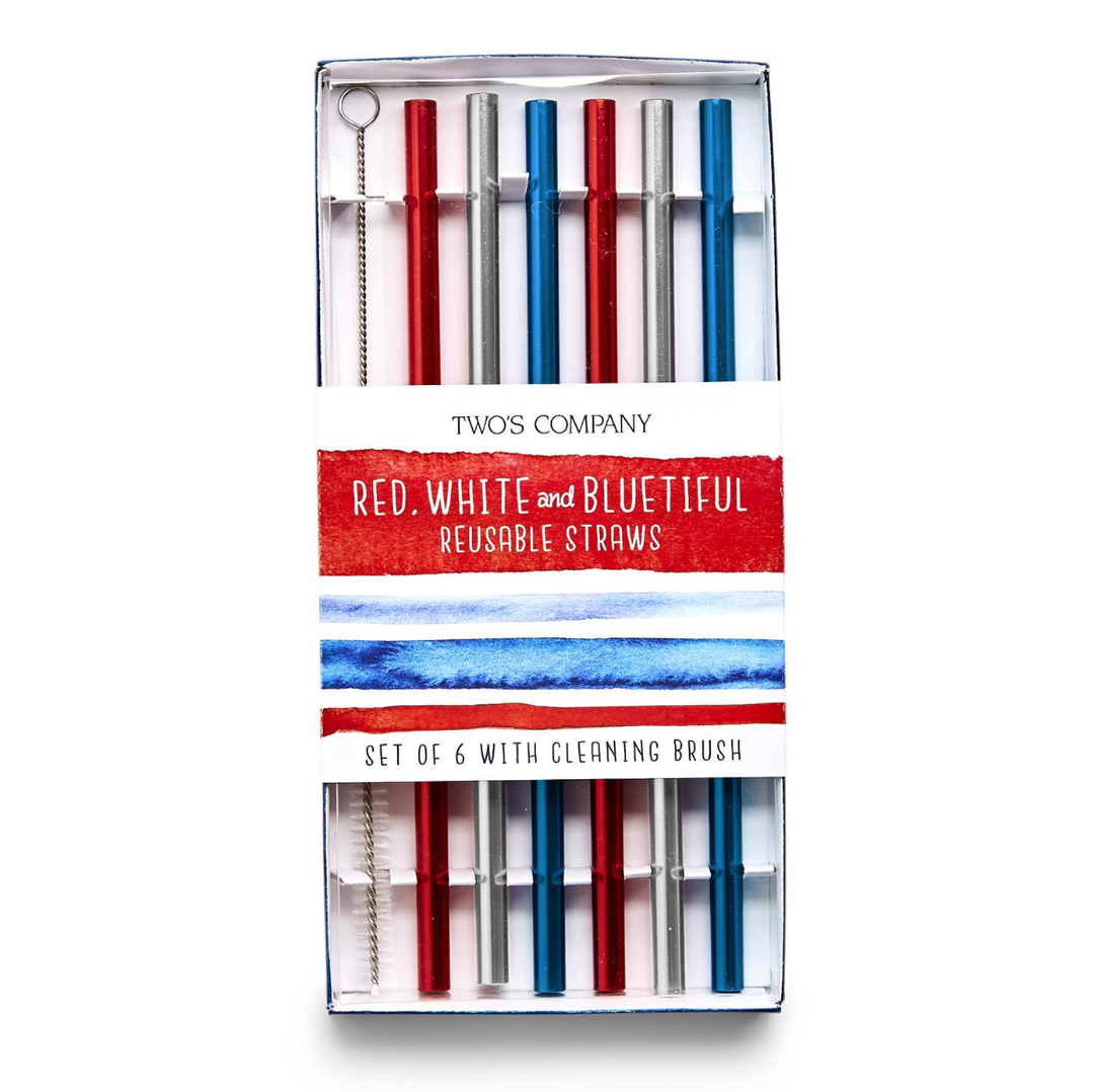 RED, WHITE & BLUE REUSABLE STRAWS Two's Company Bonjour Fete - Party Supplies