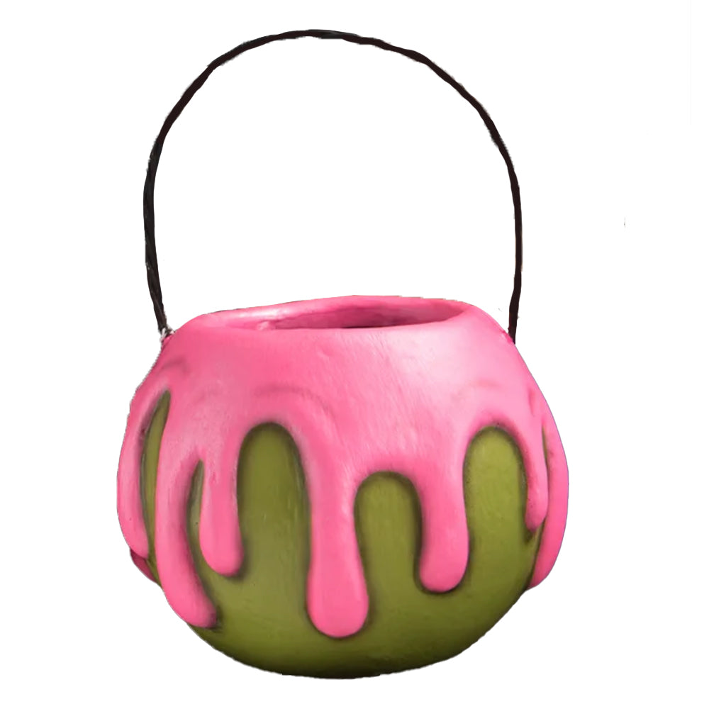 SMALLL GREEN APPLE BUCKET WITH PINK POISON Bethany Lowe Designs Halloween Home Decor Bonjour Fete - Party Supplies
