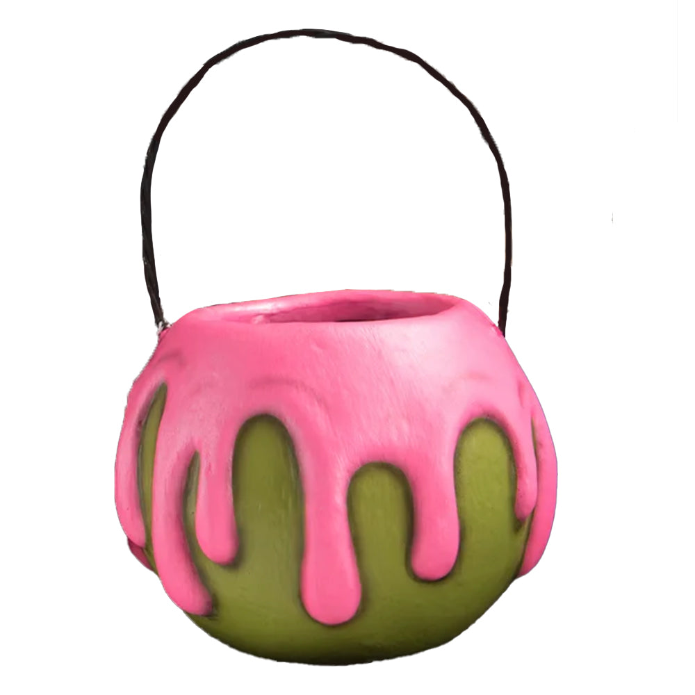 SMALLL GREEN APPLE BUCKET WITH PINK POISON Bethany Lowe Designs Halloween Home Decor Bonjour Fete - Party Supplies