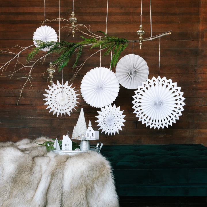 WINTER WHITE PARTY FAN SET My Mind's Eye Hanging Decor Bonjour Fete - Party Supplies