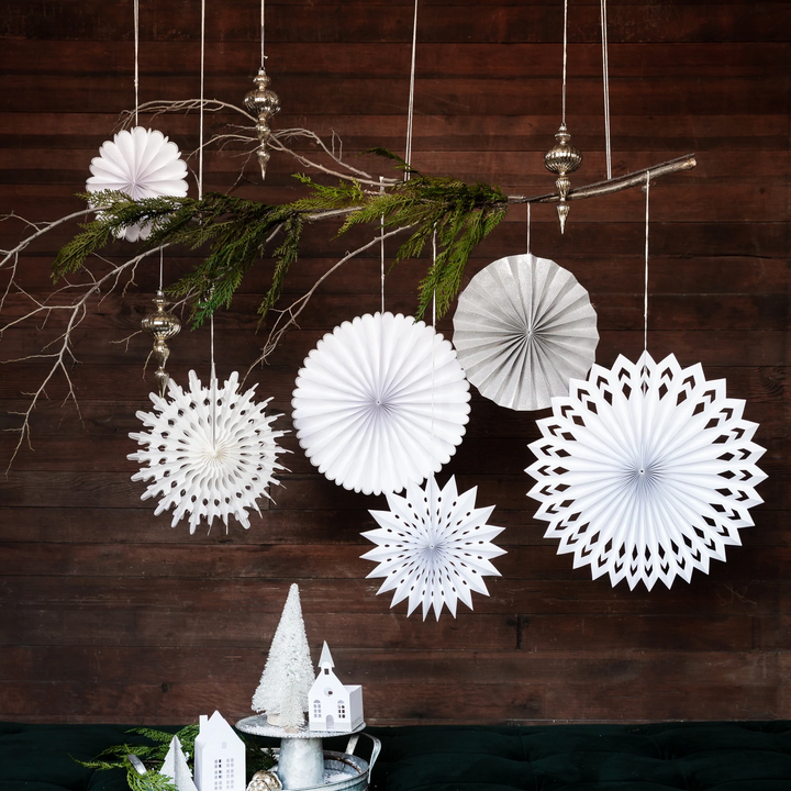 WINTER WHITE PARTY FAN SET My Mind's Eye Hanging Decor Bonjour Fete - Party Supplies