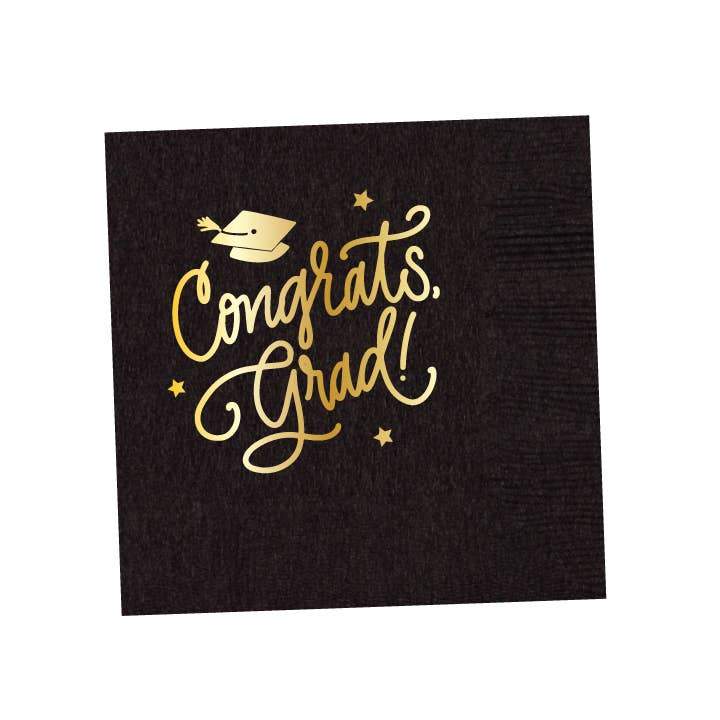 CONGRATS, GRAD! BLACK COCKTAIL NAPKINS Natalie Chang Napkins Bonjour Fete - Party Supplies