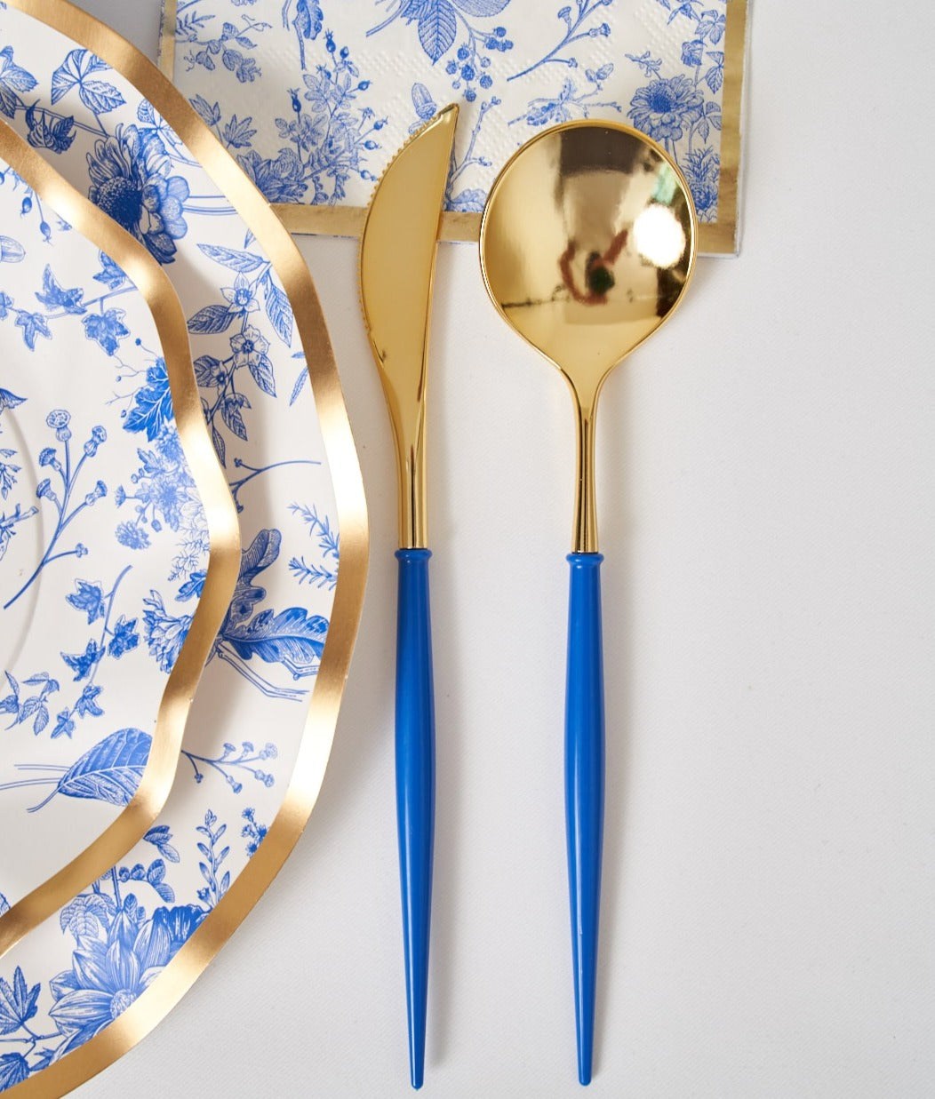 FANCY CHINA BLUE AND GOLD CUTLERY Sophistiplate LLC Cutlery Bonjour Fete - Party Supplies