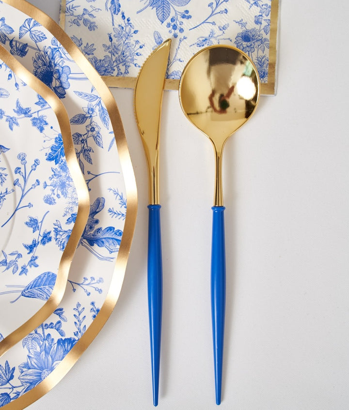 FANCY CHINA BLUE AND GOLD CUTLERY Sophistiplate LLC Cutlery Bonjour Fete - Party Supplies