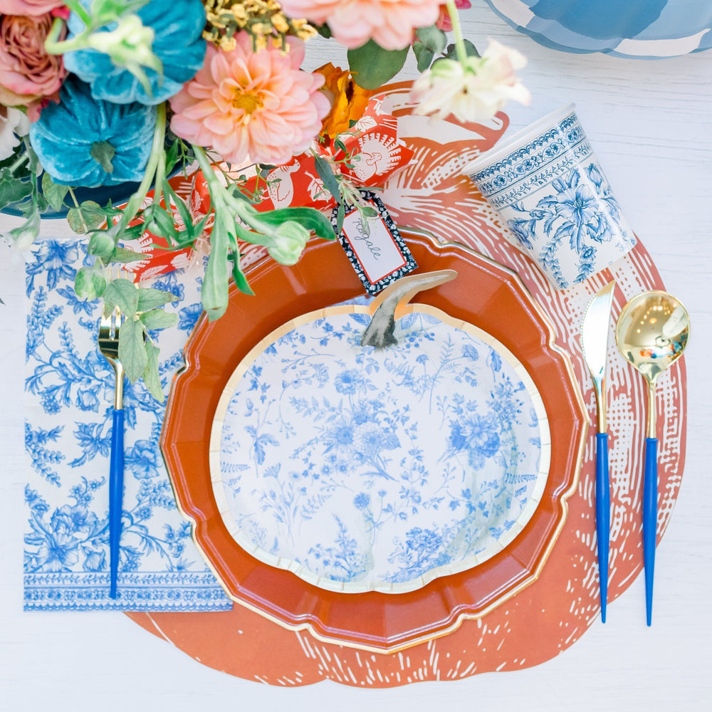BLUE TOILE PUMPKIN PLATE Sophistiplate Thanksgiving Tableware Bonjour Fete - Party Supplies